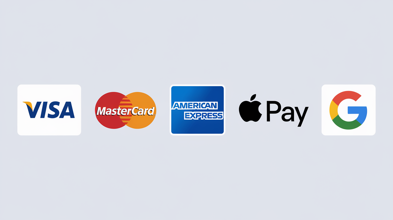 Accepted payment methods: Visa, Mastercard, Apple Pay, Google Pay